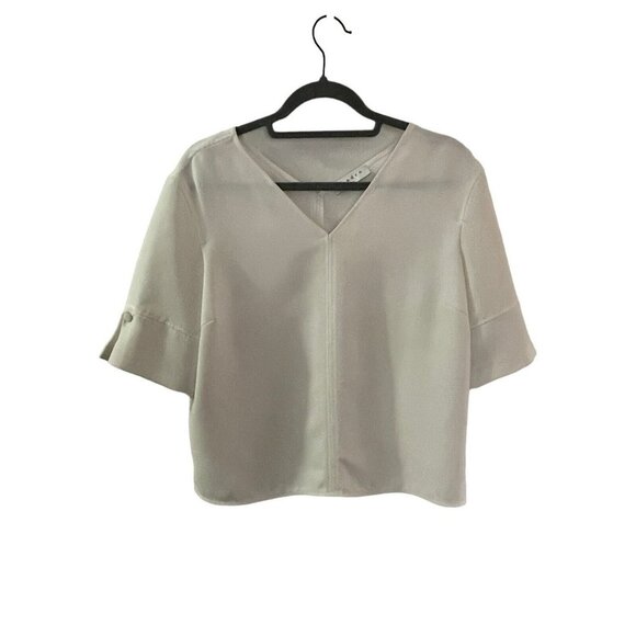 Sandro Size 3 US 8 Box Fit Short Sleeve Woven Top Blouse Lagenlook V-Neck - Picture 1 of 10